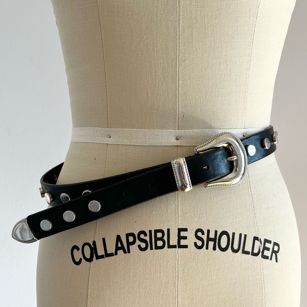BRAVE Leather Belt ~ Black Leather w/ Silver Circle Studded ~ Western Punk Biker